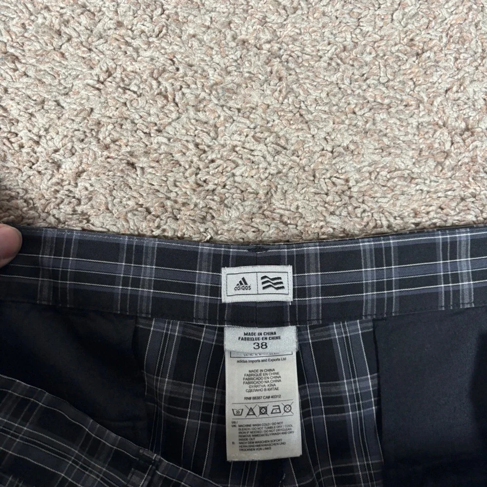 Adidas Golf Shorts Mens 38 Black Grey Plaid Flat Front Performance Check